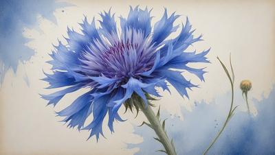 The primary subject of the image is a large, blue flower with purple petals. The flower is prominently displayed in the foreground, with a background of a blue and white surface. The visual style of the image is a painting, with the flower being depicted in a detailed and artistic manner. The colors and mood of the image are predominantly blue and purple, creating a serene and calming atmosphere.