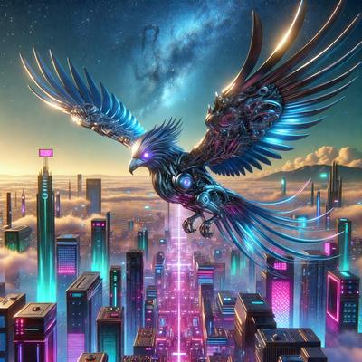 The primary subject of the image is a large, futuristic bird with blue and purple feathers, flying over a cityscape. The bird is positioned in the center of the scene, with the cityscape stretching out behind it. The visual style of the image is digital art, giving it a vibrant and colorful appearance. The dominant colors in the image are blue and purple, which are prevalent in the bird's feathers and the cityscape's background. The overall atmosphere of