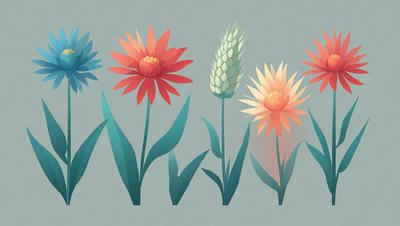 The primary subject of the image is a group of five colorful flowers, each with a unique color and design. They are arranged in a row, with one flower on the left, two in the middle, and two on the right. The flowers are positioned in front of a backdrop of a field, which adds to the overall atmosphere of the image. The visual style of the image is a combination of digital art and illustration, creating a vibrant and lively scene. The colors and mood of the image are predomin