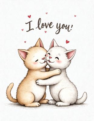The image features two cute white kittens with pink noses, standing close to each other and giving each other a kiss. They are surrounded by hearts, which adds to the warm and affectionate atmosphere of the scene. The visual style of the image is a combination of digital art and illustration, creating a charming and adorable scene.