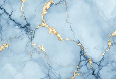 The primary subject of the image is a blue marble wall with gold accents. The setting is a room with a blue marble wall, and the visual style is a photo. The dominant colors are blue and gold, creating a luxurious and elegant atmosphere.