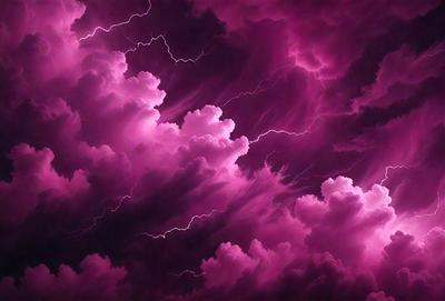The primary subject of the image is a purple cloud with lightning bolts, creating a dramatic and intense atmosphere. The setting is a dark, stormy sky, with the cloud as the main focus. The visual style is a digital art or illustration, as the lightning bolts are depicted in a detailed and artistic manner. The colors and mood of the image are predominantly purple and dark, with the lightning bolts adding a sense of danger and intensity to the scene.