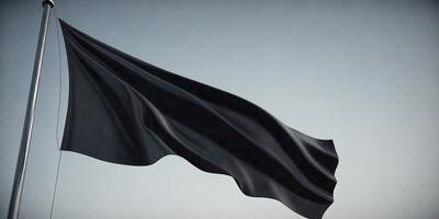 The primary subject of the image is a black cape, which is flying in the air. The setting is a blue background, and the visual style appears to be a digital art or illustration. The dominant colors are black and blue, creating a dramatic and mysterious atmosphere.