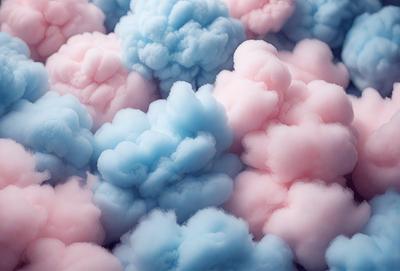 The primary subject of the image is a cloud made of cotton candy, which is a pink and blue color. The setting is a sky filled with clouds, creating a whimsical and playful atmosphere. The visual style is a combination of photo and digital art, as the cloud appears to be a realistic representation of cotton candy, yet it is also a part of a larger digital artwork. The colors and mood of the image are predominantly pink and blue, with a touch of whimsy and