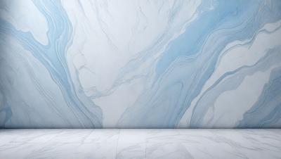 The primary subject of the image is a large, white marble wall with a blue and white marble design. The setting is a room with a white floor, and the visual style is a photo. The dominant colors are white and blue, creating a clean and elegant atmosphere.