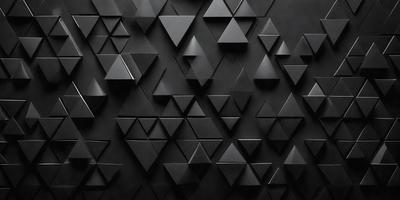 The primary subject of the image is a black wall with a pattern of triangles. The setting is a dark room, and the visual style appears to be a combination of a photo and digital art. The dominant colors are black and white, creating a moody atmosphere.