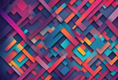 The primary subject of the image is a colorful, geometric pattern. The setting is a purple and blue background, which adds to the visual style. The pattern is a combination of squares and triangles, creating a unique and eye-catching design. The colors and mood of the image are vibrant and energetic, making it an appealing and engaging visual experience.