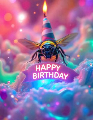 The primary subject of the image is a bee with a birthday sign on its back. The bee is standing on a cloud-like surface, which adds a whimsical and playful touch to the scene. The visual style of the image is a combination of photo and digital art, creating a unique and eye-catching presentation. The colors and mood of the image are predominantly bright and cheerful, with the birthday sign and the bee's vibrant colors contributing to the overall festive atmosphere