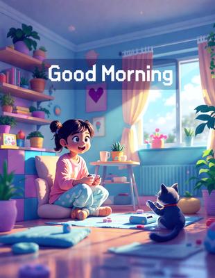 The image features a young girl sitting on a chair in a cozy room. She is playing with a cat, which is positioned in front of her. The room is decorated with several potted plants, creating a warm and inviting atmosphere. There are also a few cups and a book scattered around the room, adding to the lived-in feel of the space. The overall mood of the image is one of comfort and relaxation.