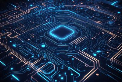 The primary subject of the image is a blue and white circuit board with a square-shaped hole in the center. The setting is a blue background, and the visual style appears to be a digital art or illustration. The dominant colors are blue and white, creating a calm and futuristic atmosphere.