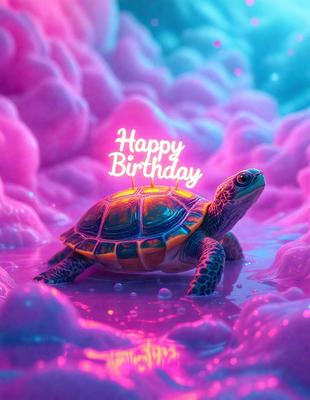 The primary subject of the image is a happy birthday sign with a turtle on it. The turtle is sitting in a pink and purple water-like substance, which serves as the setting or background. The visual style of the image is a digital art or illustration, with the colors and mood being predominantly pink and purple, creating a warm and celebratory atmosphere.