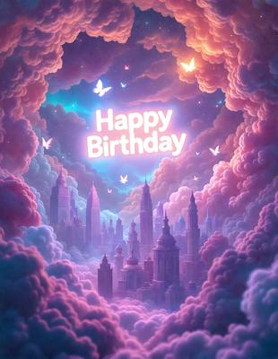 Happy Birthday: [The main object, scene, or focus of the image is a birthday celebration, with a colorful and whimsical backdrop.]

Setting/background: [The setting is a cloudy sky, with a castle-like structure in the background.]

Visual style: [The image is a digital art or illustration, featuring a colorful and imaginative design.]

Colors and mood: [The dominant colors are pink, purple, and blue, creating a