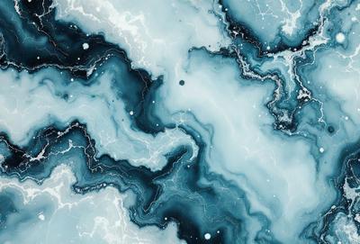 The primary subject of the image is a blue and white ocean scene with a swirling pattern. The setting is the ocean, and the visual style is a combination of photo and digital art. The dominant colors are blue and white, creating a serene and calming atmosphere.