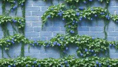 The primary subject of the image is a blue brick wall with a vine growing on it. The setting is an outdoor environment, and the visual style appears to be a photo. The dominant colors in the image are blue and green, creating a calm and serene atmosphere.