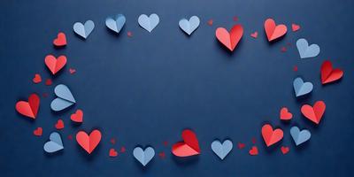 The primary subject of the image is a collection of red and blue heart-shaped cutouts. These heart cutouts are arranged in various positions on a blue background, creating a visually appealing display. The hearts are scattered across the background, with some overlapping and others standing alone. The visual style of the image is a combination of digital art and illustration, giving it a unique and creative appearance. The dominant colors in the image are red and blue, which evoke a sense of love and warmth.