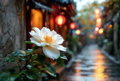 Primary subject: A white flower with a yellow center.

Setting/background: The flower is located on a street, surrounded by buildings and a potted plant.

Visual style: The image is a photo of the flower.

Colors and mood: The flower is white, and the yellow center adds a pop of color. The overall atmosphere is serene and peaceful.