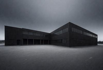 The primary subject of the image is a large, dark building with many windows. The setting is a parking lot, and the visual style is a black and white photo. The colors and mood of the image are predominantly dark, with the building and parking lot being the main focus.