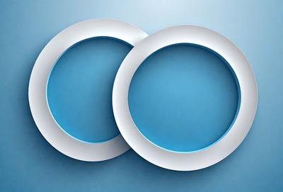 The primary subject of the image is a pair of white plates with blue circles in the center. The plates are placed on a blue surface, which serves as the setting or background. The visual style of the image is a combination of photo and digital art, as it appears to be a photograph of a digital artwork. The colors and mood of the image are predominantly blue, creating a calm and serene atmosphere.