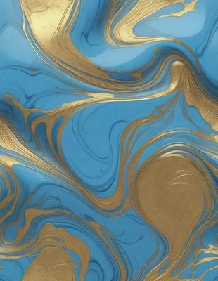 The primary subject of the image is a blue and gold swirling pattern, which appears to be a digital art or illustration. The setting is a blue background, and the visual style is a combination of digital art and illustration. The dominant colors are blue and gold, creating a vibrant and lively atmosphere.