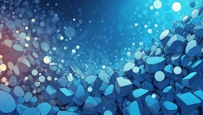The primary subject of the image is a large pile of blue rocks, which are the main objects in the scene. The setting is a blue ocean, with the rocks floating on the water. The visual style is a digital art or illustration, as the rocks are depicted in a detailed and artistic manner. The dominant colors in the image are blue and white, creating a serene and calming atmosphere.