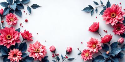 The primary subject of the image is a beautiful arrangement of pink flowers. The flowers are arranged in a pattern, with some of them placed on a white surface. The setting appears to be a studio or a controlled environment, as the flowers are carefully positioned. The visual style of the image is a combination of photo and digital art, creating a vibrant and lively atmosphere. The dominant colors in the image are pink and white, which contribute to a warm and inviting mood.