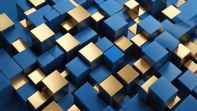 The primary subject of the image is a pattern of blue and gold squares. The setting is a blue background, and the visual style appears to be a digital art or illustration. The dominant colors are blue and gold, creating a vibrant and lively atmosphere.