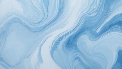 The primary subject of the image is a blue and white painting, which features a swirling pattern of blue and white waves. The setting is a white wall, and the visual style appears to be a digital art or illustration. The dominant colors in the painting are blue and white, creating a calming and serene atmosphere.