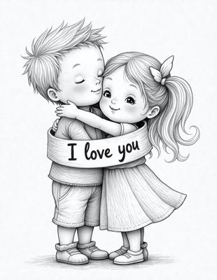 The image features a young boy and a young girl hugging each other. The boy is wearing a shirt that says "I love you." The girl is wearing a dress. The scene is set in a room with a couch in the background. The overall atmosphere is warm and affectionate.