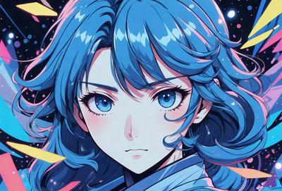 The primary subject of the image is a woman with blue hair, wearing a blue dress. She has a determined look on her face, possibly indicating a strong emotion or a challenging situation. The setting appears to be a colorful background, which adds a vibrant and lively atmosphere to the scene. The visual style of the image is a digital art or illustration, showcasing the woman's features and the vivid colors of the background.