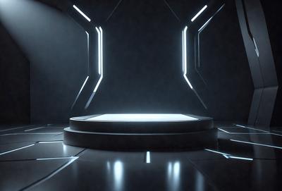 The primary subject of the image is a futuristic room with a circular platform in the center. The room is illuminated by a blue light, giving it a futuristic and high-tech appearance. The setting is a dark room with a blue glow, creating a mysterious and intriguing atmosphere. The visual style of the image is digital art, as it appears to be a computer-generated or digitally rendered scene. The colors and mood of the image are predominantly blue, with a hint of darkness,