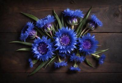The primary subject of the image is a bouquet of blue flowers, which are arranged in a visually appealing manner. The setting is a wooden table, and the visual style appears to be a photo. The dominant colors in the image are blue and purple, creating a calm and serene atmosphere.