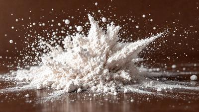 The primary subject of the image is a pile of white powder, which appears to be flour or sugar. The setting is a wooden table, and the visual style is a close-up of the powder, showcasing its texture and details. The colors in the image are predominantly white, giving it a clean and simple appearance. The overall mood of the image is one of simplicity and focus on the subject matter.