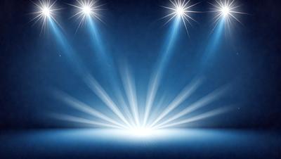 The primary subject of the image is a blue background with a bright light shining on it. The light creates a starburst pattern, giving the scene a dynamic and visually appealing appearance. The setting appears to be a stage or a performance area, as the light is focused on a specific point, likely to highlight a performer or an important element of the show. The visual style of the image is a combination of digital art and photography, creating a captivating and eye-catching display. The colors and mood of