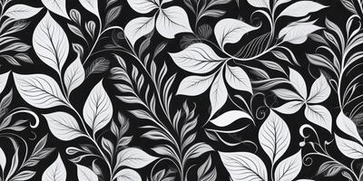 The primary subject of the image is a black and white pattern featuring white leaves on a black background. The setting is a close-up of the pattern, showcasing the intricate details of the leaves. The visual style is a combination of a photo and a digital art, illustration, or drawing. The colors and mood of the image are predominantly black and white, creating a classic and elegant atmosphere.