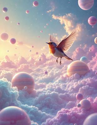 The primary subject of the image is a bird, which is flying through a cloudy, pink and blue sky. The bird is surrounded by a variety of colorful balls, which are scattered throughout the scene. The setting appears to be a whimsical, dreamy landscape, with the bird as the focal point. The visual style of the image is a combination of photo and digital art, creating a vibrant and lively atmosphere. The colors and mood of the image are predominantly pink and blue, giving it