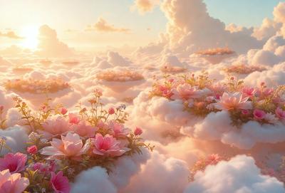 The primary subject of the image is a beautiful and colorful flower arrangement, featuring a variety of pink and white flowers. The flowers are set against a backdrop of a cloudy sky, creating a serene and dreamy atmosphere. The visual style of the image is a combination of photo and digital art, with the flowers and clouds appearing to be painted or digitally rendered. The colors and mood of the image are predominantly pink and white, evoking a sense of warmth and tranquility.