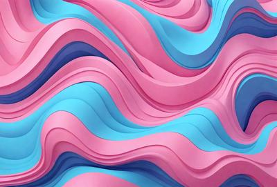The primary subject of the image is a large, colorful, and abstract wave pattern. The wave is composed of various shades of pink, blue, and purple, creating a visually striking and vibrant scene. The setting is a three-dimensional space, likely a digital art or illustration, as the wave appears to be a part of a larger design or pattern. The overall atmosphere is lively and energetic, with the colors and patterns evoking a sense of movement and dynamism.