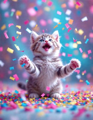 The primary subject of the image is a small kitten with a mix of gray, white, and orange fur. The kitten is standing on a colorful surface, possibly a carpet or a confetti-covered floor, and appears to be enjoying the celebration. The setting is indoors, with a backdrop of a wall and a blue sky visible in the background. The visual style of the image is a combination of photo and digital art, creating a vibrant and lively atmosphere. The colors and mood