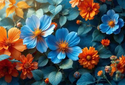 The primary subject of the image is a bouquet of blue and orange flowers. The flowers are arranged in a visually appealing manner, with some of them being blue and others being orange. The setting is a garden, with the flowers being displayed in a field of blue flowers. The visual style of the image is a combination of photo and digital art, creating a vibrant and lively atmosphere. The dominant colors in the image are blue and orange, which evoke a sense of warmth and freshness.