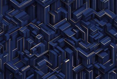 The primary subject of the image is a blue and gold patterned wallpaper. The setting is a blue background, and the visual style is a digital art or illustration. The dominant colors are blue and gold, creating a rich and luxurious atmosphere.
