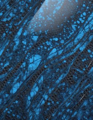 The primary subject of the image is a blue and black patterned fabric. The setting is a close-up of the fabric, showcasing its intricate design. The visual style is a combination of digital art and illustration, creating a unique and eye-catching pattern. The dominant colors are blue and black, giving the image a bold and striking appearance.