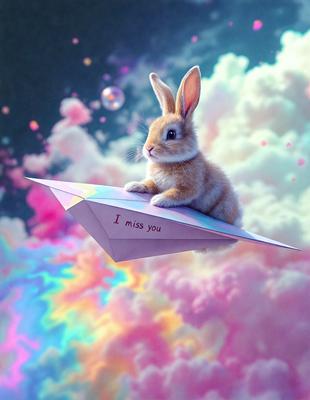 The primary subject of the image is a cute bunny sitting on a paper airplane. The setting is a colorful, cloudy sky, which adds a whimsical and playful atmosphere to the scene. The visual style is a combination of digital art and illustration, creating a unique and creative representation of the bunny on the airplane. The colors and mood are predominantly bright and cheerful, with the vibrant clouds and the bunny's innocent expression contributing to the overall