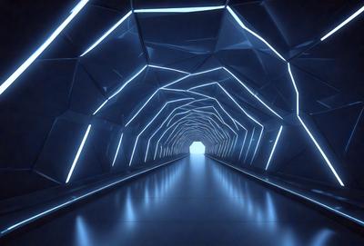 The primary subject of the image is a long, narrow tunnel with a blue light illuminating it. The tunnel appears to be made of concrete and has a futuristic, underground feel to it. The setting is a dark, enclosed space, and the visual style is a combination of a photo and digital art. The dominant colors are blue and black, creating a moody atmosphere.