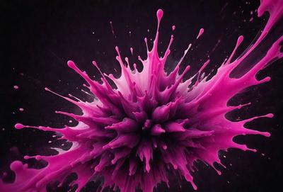 The primary subject of the image is a large, pink, swirling mass of paint, which appears to be a close-up of a splash of paint. The setting is a dark background, which contrasts with the vibrant pink color of the paint. The visual style is a combination of a photo and digital art, as the image captures the dynamic nature of the paint splash. The colors and mood of the image are predominantly pink, creating a sense of energy and movement.