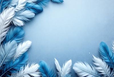 The primary subject of the image is a blue background with a white feather pattern. The setting is a blue surface, and the visual style is a combination of photo and digital art. The dominant colors are blue and white, creating a calm and serene atmosphere.