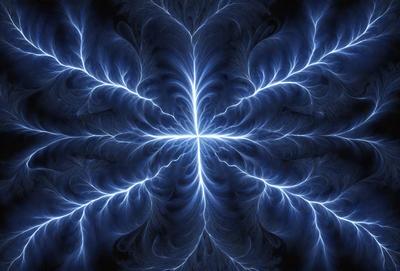 The primary subject of the image is a blue and white lightning bolt, which is the main object, scene, or focus of the image. The setting or background features a blue and black background, which adds to the overall atmosphere of the image. The visual style of the image is digital art, as it is a digital representation of a lightning bolt. The dominant colors in the image are blue and white, which create a sense of energy and movement.