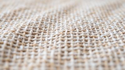 The primary subject of the image is a close-up of a knitted or woven fabric. The setting is a white background, which provides a clean and minimalist appearance. The visual style is a detailed, textured image of the fabric. The colors and mood of the image are predominantly neutral, with the fabric being the main focus.
