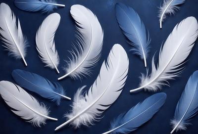 The primary subject of the image is a collection of white feathers, which are arranged in various positions on a blue background. The feathers are spread out across the scene, creating a visually appealing and artistic display. The visual style of the image is a combination of photo and digital art, as the feathers are captured in a close-up shot, while the blue background adds a touch of color and depth to the composition. The overall atmosphere of the image is serene and calming, with the white feathers symbolizing pur