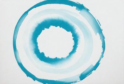 The primary subject of the image is a blue circle, which is the main object, scene, or focus of the image. The setting is a white background, and the visual style appears to be a painting or drawing. The dominant colors are blue and white, creating a calm and serene atmosphere.