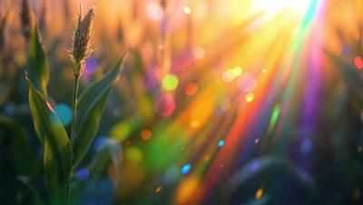 The primary subject of the image is a close-up of a corn plant with a sunlit background. The setting is a field with a sunny day, and the visual style is a photo. The dominant colors are yellow and green, creating a warm and natural atmosphere.